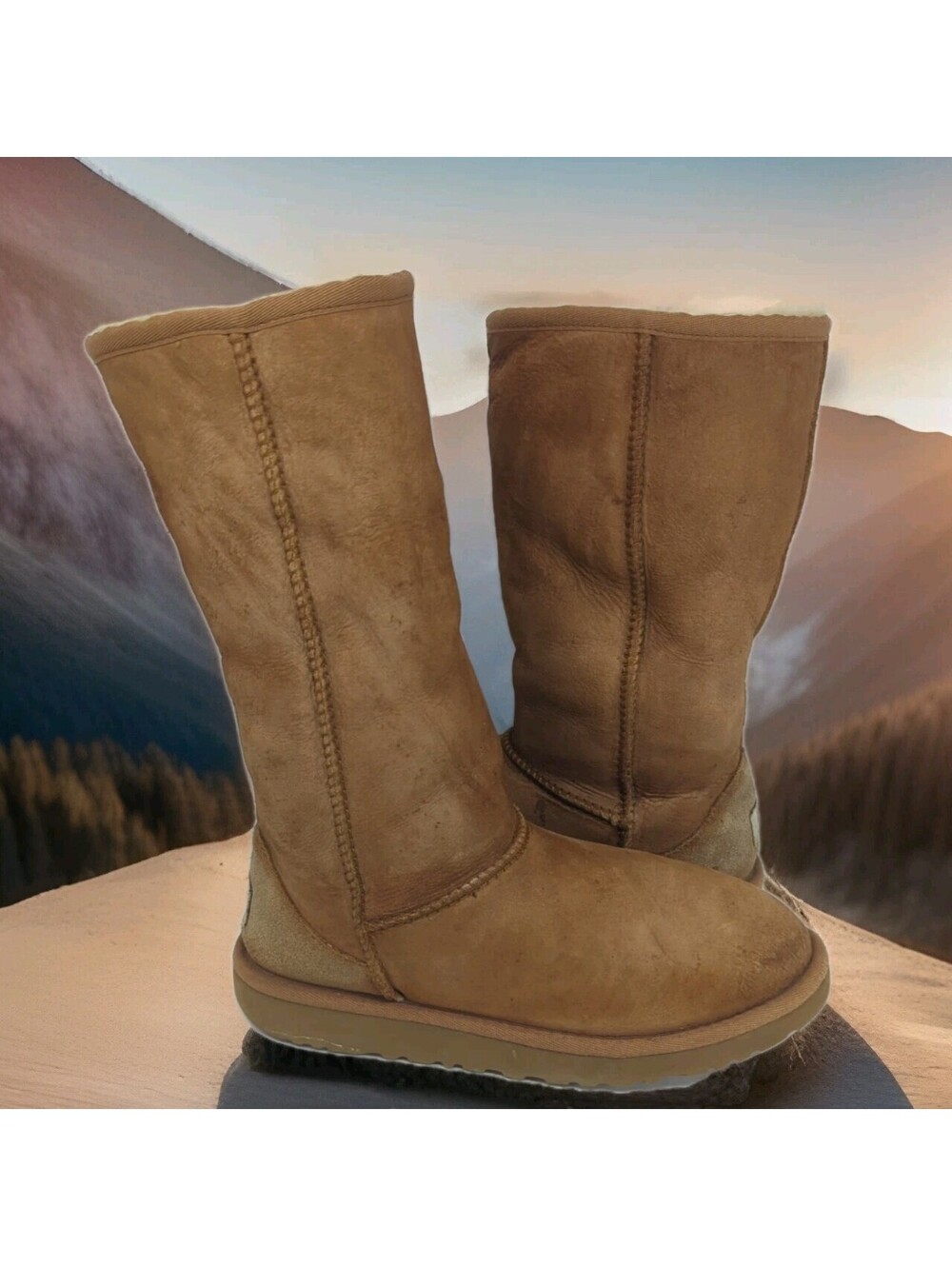 UGG Boots Suede Sheepskin TAN/CHESTNUT Fur Lining Tall 5229 Mens Kids 4 Womens 5